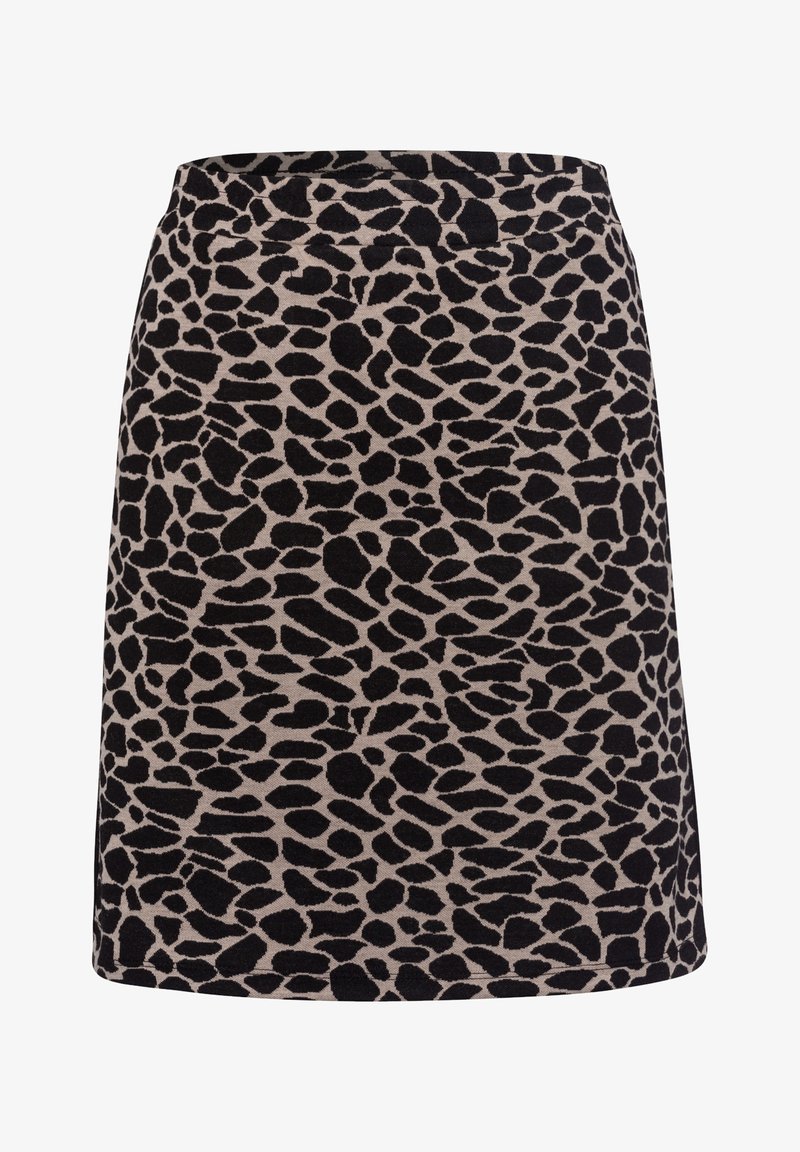 Een beige rok met een zwart dierenprintpatroon, met een rechte vorm en een gladde textuur. De tailleband is eenvoudig en aansluitend.