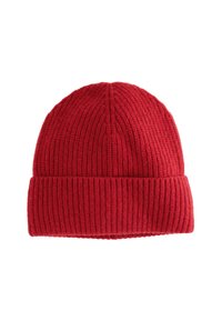 Red knitted beanie hat with a ribbed texture, featuring a folded cuff at the bottom and a seamless top design.