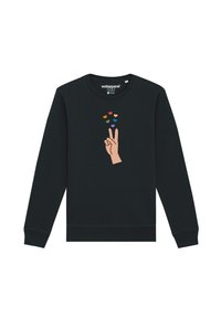 Black sweatshirt with long sleeves featuring a graphic of a hand making a peace sign, surrounded by multi-colored heart shapes.