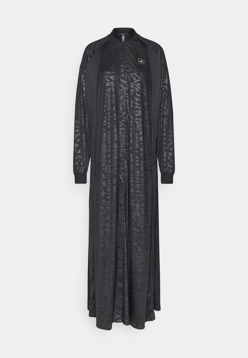 Μακρυμάνικο μαύρο πουκαμισοφόρεμα με γιακά, διακοσμημένο με διακριτικό υφή σε σχέδιο και κουμπιά μπροστά. Μαλακό ύφασμα με μακριά μανίκια.