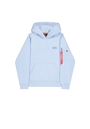 Felpa leggera blu con tasca a marsupio, cappuccio con lacci e tasca laterale con zip rossa. Include un piccolo logo sul petto.