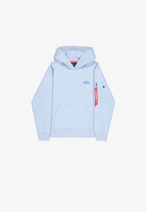 Sweatshirt azul claro com um bolso canguru, capuz ajustável com cordão e bolso lateral com um fecho vermelho. Inclui um pequeno logótipo no peito.