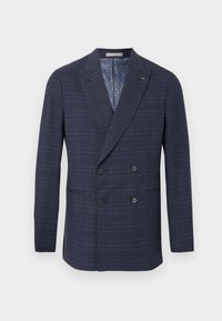 Μπλε ναυτικό διπλόσαρκο σακάκι με διακριτικό μοτίβο ανοιχτού μπλε κομματιού, τέσσερα μαύρα κουμπιά και επένδυση με λογότυπο.