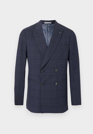 Tmavě modrý dvouřadý blejzr s jemným světle modrým vzorem kostky, čtyři černé knoflíky a značková vnitřní podšívka.