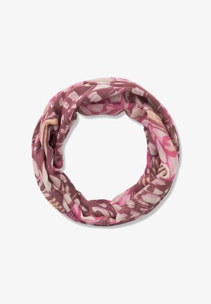 Ronde zachte stoffen sjaal met abstracte patronen in roze, mauve en beige, los gelegd in een cirkel op een witte achtergrond.