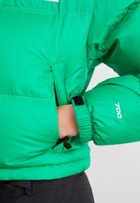 Giacca puffer verde con tasca con zip, polsini elasticizzati e stampa "700" ben visibile. Tessuto liscio e lucido con una forma squadrata.