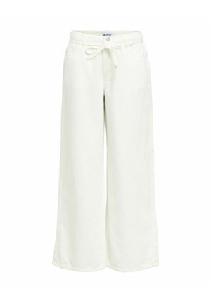 Balti platām kājām bikses ar priekšējām kabatām un auduma jostu, kas sasieta lokā jostasvietā.