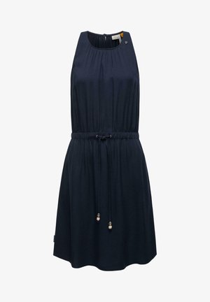 Marineblaues ärmelloses Kleid aus weichem Stoff mit einem runden Ausschnitt, elastischem Kordelzug in der Taille und dekorativen Perlen an den Bindebändern.