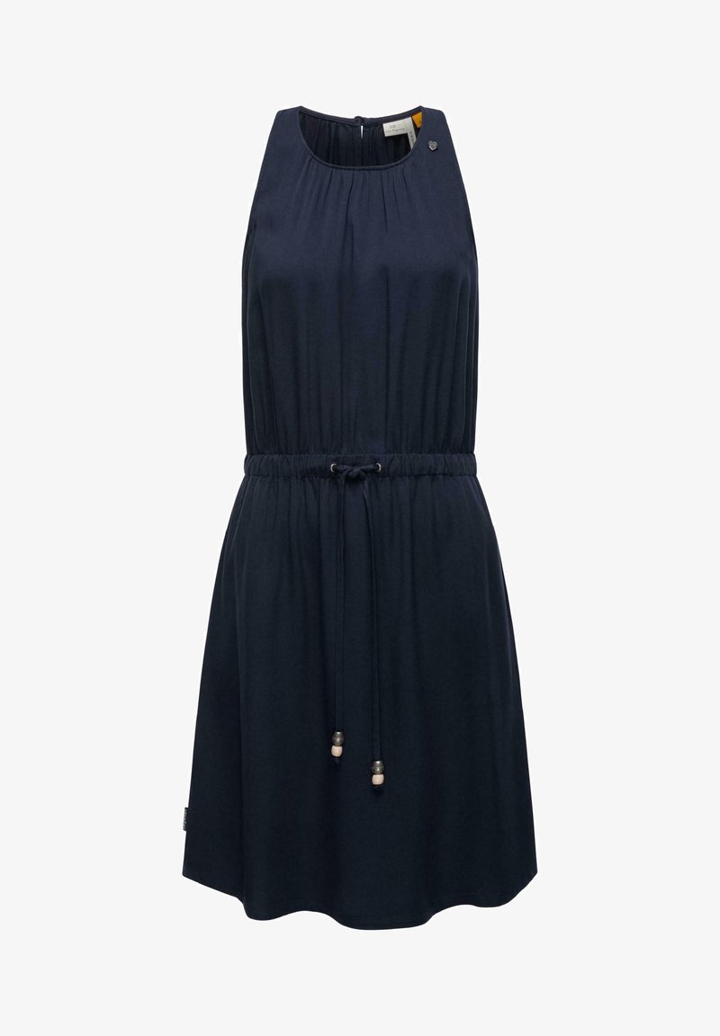 Rochie fără mâneci, de culoare bleumarin, confecționată dintr-un material moale, cu decolteu rotund, talie cu șnur elastic și mărgele decorative la capetele snururilor.