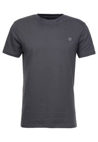 Šedé bavlněné tričko s kulatým výstřihem, krátkými rukávy a malým logem na levé straně hrudi. Hladká textura a přiléhavý střih.