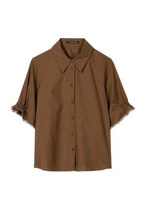 Brown short-sleeve button-up shirt with a pointed collar and gathered, fringed sleeve hems, displayed on a white background.
