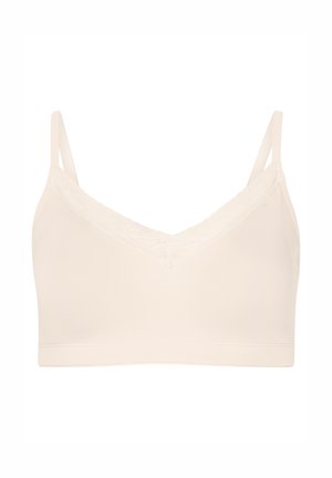 Bralette beige chiaro realizzato in un materiale liscio e elasticizzato. Il design a scollo a V presenta un bordo in pizzo lungo i contorni e spalline sottili regolabili.