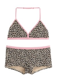 Bikini-setti, jossa on leopardikuosiset kolmion muotoiset rintaliivit ja yhteensopivat poikashortsit, joissa on vaaleanpunaiset yksityiskohdat. Pehmeä kangas, jolla on sileä tekstuuri.