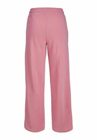 Roza bombažna široka hlače z elastičnim pasom. Gladka tekstura in dolga zasnova, ki ponuja enostavno, enobarvno brez vzorcev.