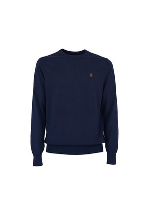 Maglione blu navy a maniche lunghe con scollo rotondo, polsini e orlo a coste, con una piccola targhetta del logo marrone sul petto sinistro.