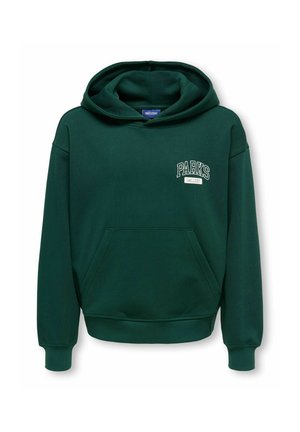 Sweat à capuche vert foncé avec poche avant et texte blanc "PARKS GALLERY" sur la poitrine gauche.