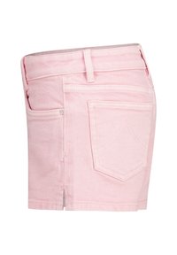 Pink denim shorts with a slim fit, featuring two back pockets, a visible waistband, and a small slit at the hem. Textured cotton material.
