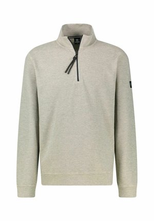 Hellgrauer, gerippter Langarmpullover mit Viertelreißverschluss und hohem Kragen, mit schwarzem Reißverschluss-Zipper und kleinem Logo-Patch am Ärmel.