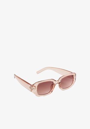 Rechteckige rosa durchscheinende Sonnenbrille mit braunen, verlaufenden Gläsern und leicht dicken Bügeln.