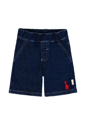 Dark blue denim toddler shorts with elastic waistband and red giraffe embroidery on the lower left leg.