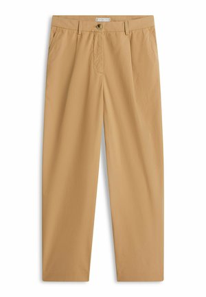 Beige casual rechte broek met zijzakken, riemlussen, knoopsluiting en ritssluiting.