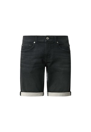 Zwarte denim shorts met opgerolde zoom, met een klassieke vijf-pocket ontwerp, metalen knoopsluiting en een gladde stoftextuur.