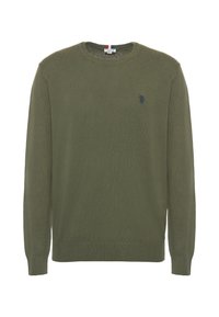 Maglione lavorato a maglia verde oliva con maniche lunghe, collo tondo e un piccolo logo blu navy sul petto. Tessuto morbido e design di vestibilità standard.