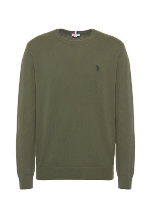 Maglione lavorato a maglia verde oliva con maniche lunghe, collo tondo e un piccolo logo blu navy sul petto. Tessuto morbido e design di vestibilità standard.