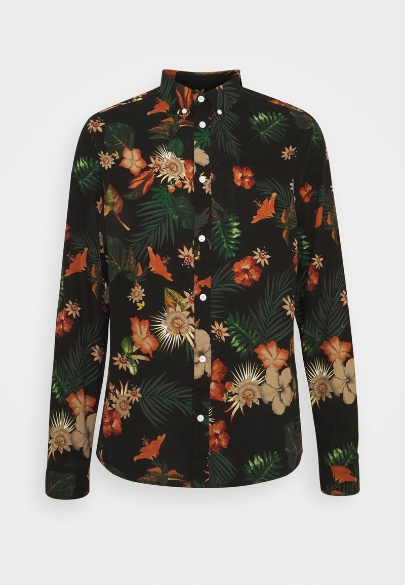 Camicia nera con bottoni, con un motivo floreale che presenta accenti arancioni, beige e verdi. Maniche lunghe, colletto classico e orlo curvo.