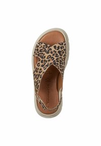 Sandali con stampa leopardata e cinturini incrociati, con piede in pelle color cammello e suola in gomma beige. Presentano una fascia regolabile per una vestibilità ottimale.