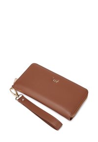 Brown leather wristlet wallet with gold zipper and metal logo, featuring a detachable strap with gold hardware.