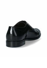 Scarpa da uomo in pelle nera con finitura lucida, punta rotonda e tacco basso impilato. Design con lacci, texture liscia e minimalismo nei dettagli.