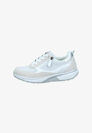 White sneaker featuring mesh and suede materials, textured upper, lace-up closure, silver accents, and a thick rubber sole.
