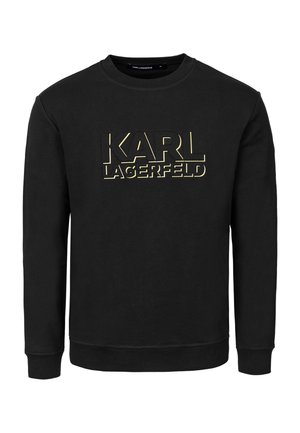 Felpa nera girocollo con maniche lunghe, caratterizzata da testo in rilievo "KARL LAGERFELD" con contorno dorato sul petto.