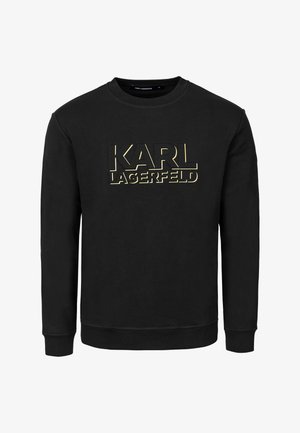 Schwarzes Sweatshirt mit Rundhalsausschnitt und langen Ärmeln, mit erhabenem "KARL LAGERFELD" Schriftzug in goldener Kontur auf der Brust.