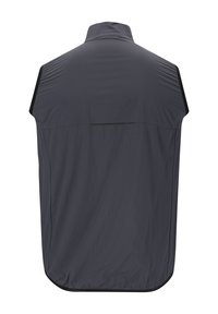 Herrarnas ärmlösa väst i mörkgrått, lättviktsmaterial, hög krage, med en bakficka med reflexremsa och rundad nederkant.