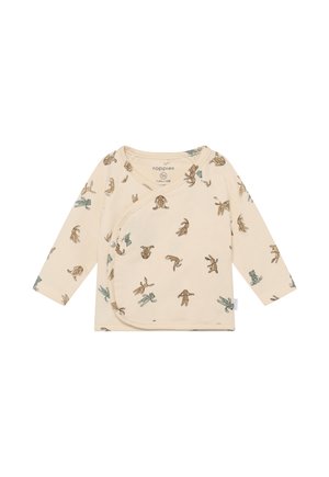 Beige babyshirt met lange mouwen en wikkelvoorpand, bedrukt met kleine konijntjes en kikkertjes in bruine en groene tinten.
