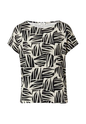 Zwart-witte t-shirt met een bladpatroon, korte mouwen en een ontspannen pasvorm. Gemaakt van een lichte, zachte stof.