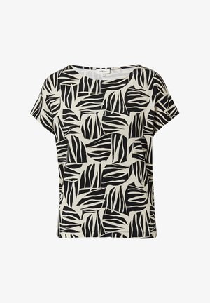 Czarny i biały t-shirt z wzorem liści, z krótkimi rękawami i luźnym krojem. Wykonany z lekkiej, miękkiej tkaniny.