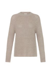 Beige strikket genser med rund hals, lange raglanermer og et teksturert mønster, laget av mykt stoff.