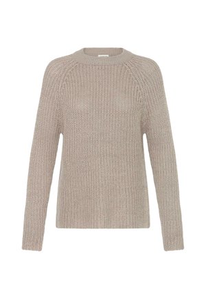 Beige strikket genser med rund hals, lange raglanermer og et teksturert mønster, laget av mykt stoff.