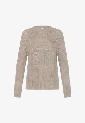 Beige gestrickter Pullover mit Rundhalsausschnitt, langen Raglanärmeln und einem strukturierten Muster, aus weichem Stoff.