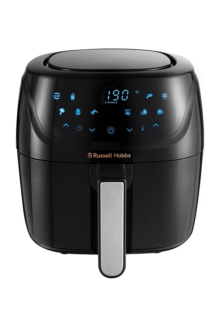 Friggitrice ad aria Russell Hobbs nera con pannello di controllo digitale che mostra 190°C, icone preset per il cibo e una maniglia in acciaio inossidabile.