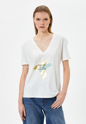 V NECK SHORT SLEEVE - T-Shirt print - white