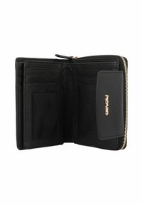 Cartera de cuero negro con acabado texturizado, que cuenta con compartimentos para tarjetas, un bolsillo de malla para la identificación y un cierre con cremallera con acentos dorados.
