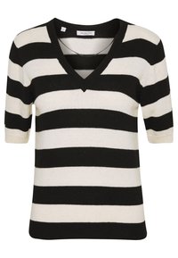 Černobílý krátký rukáv svetr s horizontálními pruhy a V-výstřihem, s přiléhavým střihem.