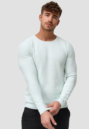 Helles mintgrünes Langarm-Pullover mit strukturiertem Strickmuster, rundem Ausschnitt und eng anliegenden Ärmeln, getragen zu schwarzen Hosen.