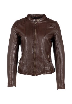Dark brown fitted leather jacket with front zipper, snap collar, and zippered side pockets on a white background.
