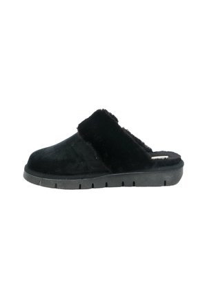 Pantofole nere con un esterno in suede, foderate in morbida pelliccia, suola imbottita e design a profilo basso per il massimo comfort.