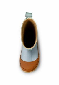 Rubber ankle boot with a light blue body and brown textured outsole. Features a green tab at the heel for easy wear. Interior is smooth and beige.